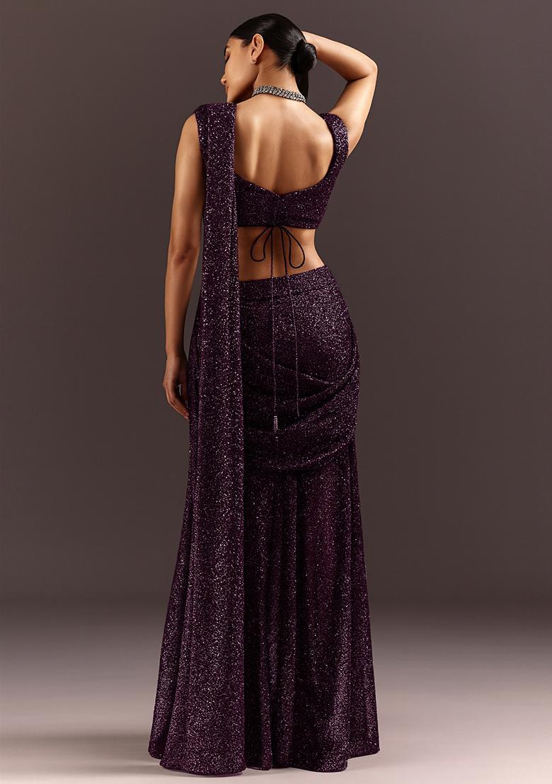 Wine Sequin Embellished Georgette Saree set - Indya