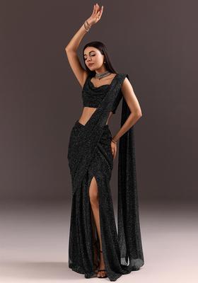 Black Embellished Georgette Pre Draped Saree Set
