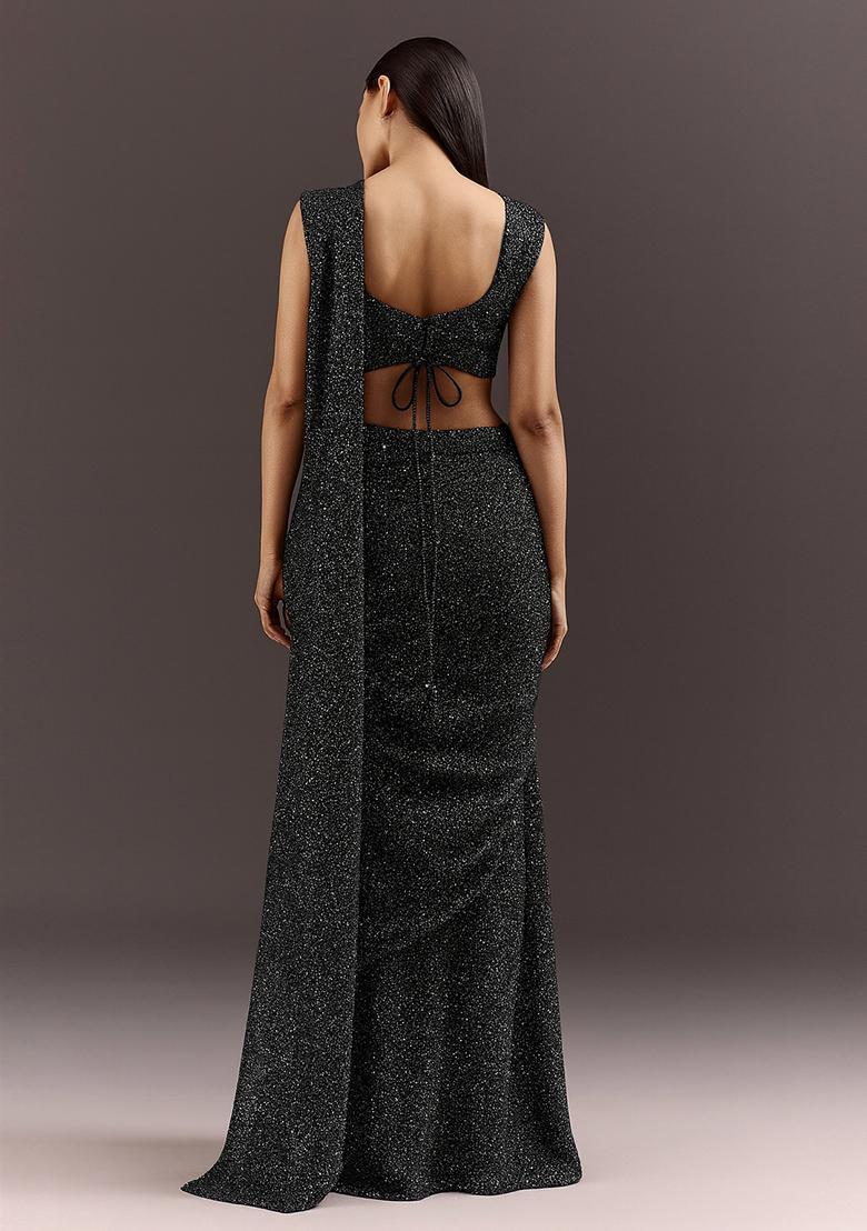 Black Embellished Georgette Pre Draped Saree Set - Indya