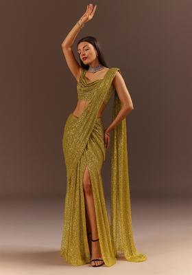 Gold Sequin Embellished Georgette Saree set