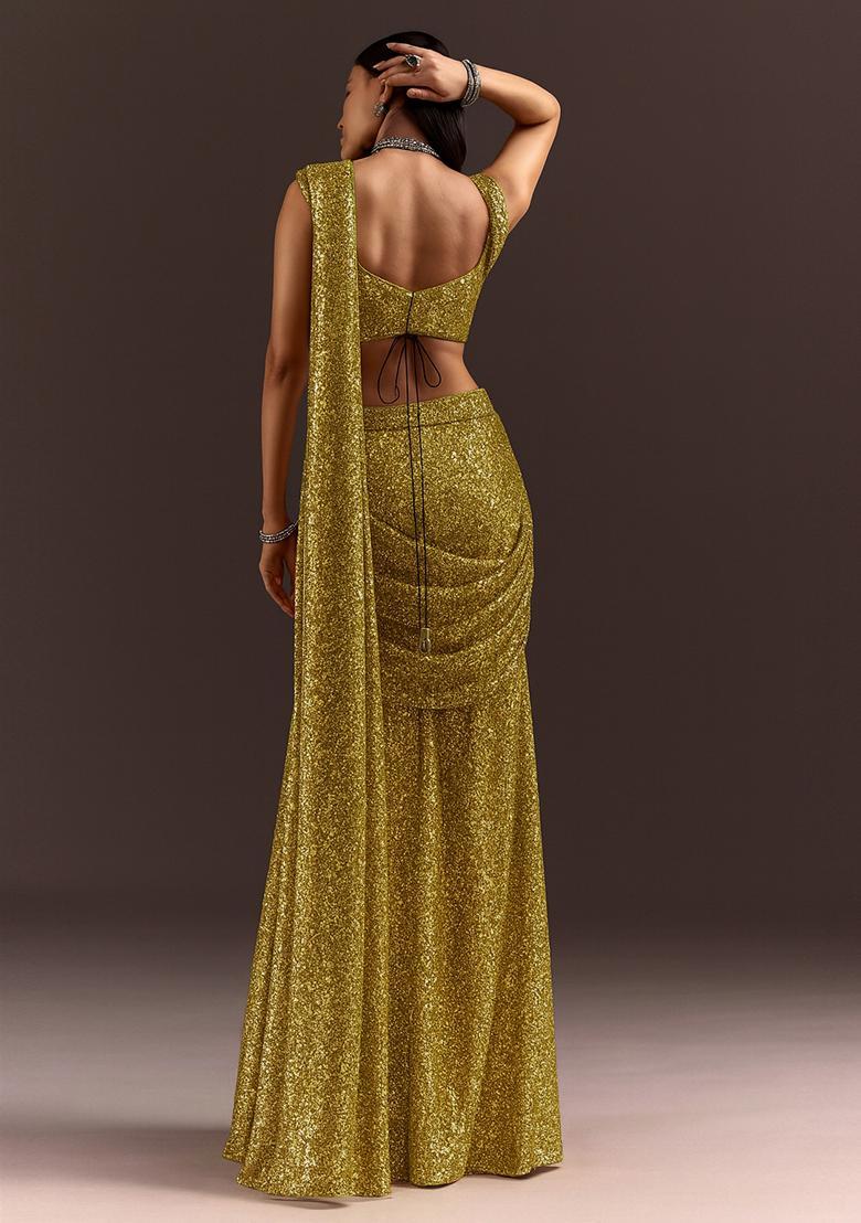 Gold Sequin Embellished Georgette Saree set - Indya