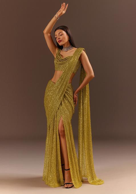 Gold Sequin Embellished Georgette Saree set