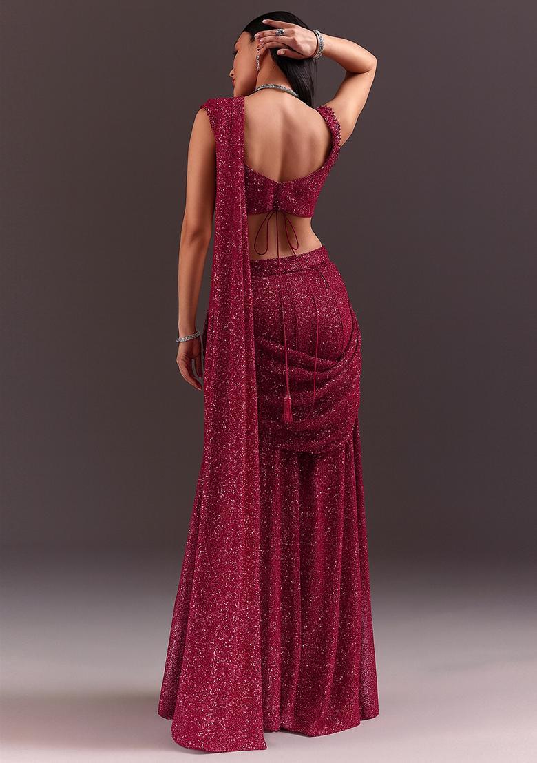 Pink Sequin Embellished Saree set - Indya