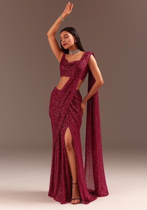 Pink Sequin Embellished Saree set