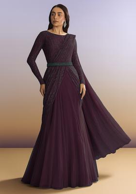 Purple Embellished Net Pre Draped Saree Set