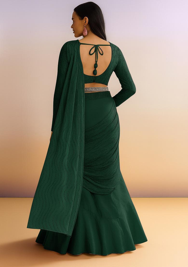 Bottle Green Embellished Net Pre Draped Saree Set - Indya