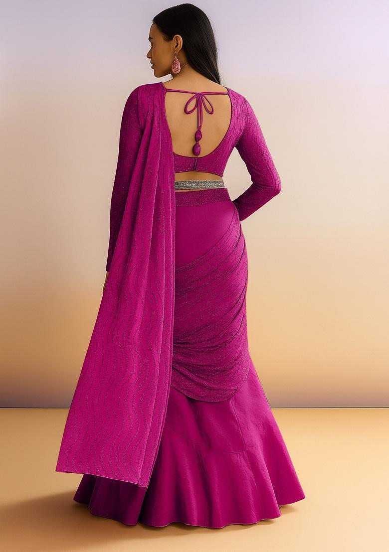 Fuchsia Pink Embellished Net Pre Draped Saree Set - Indya