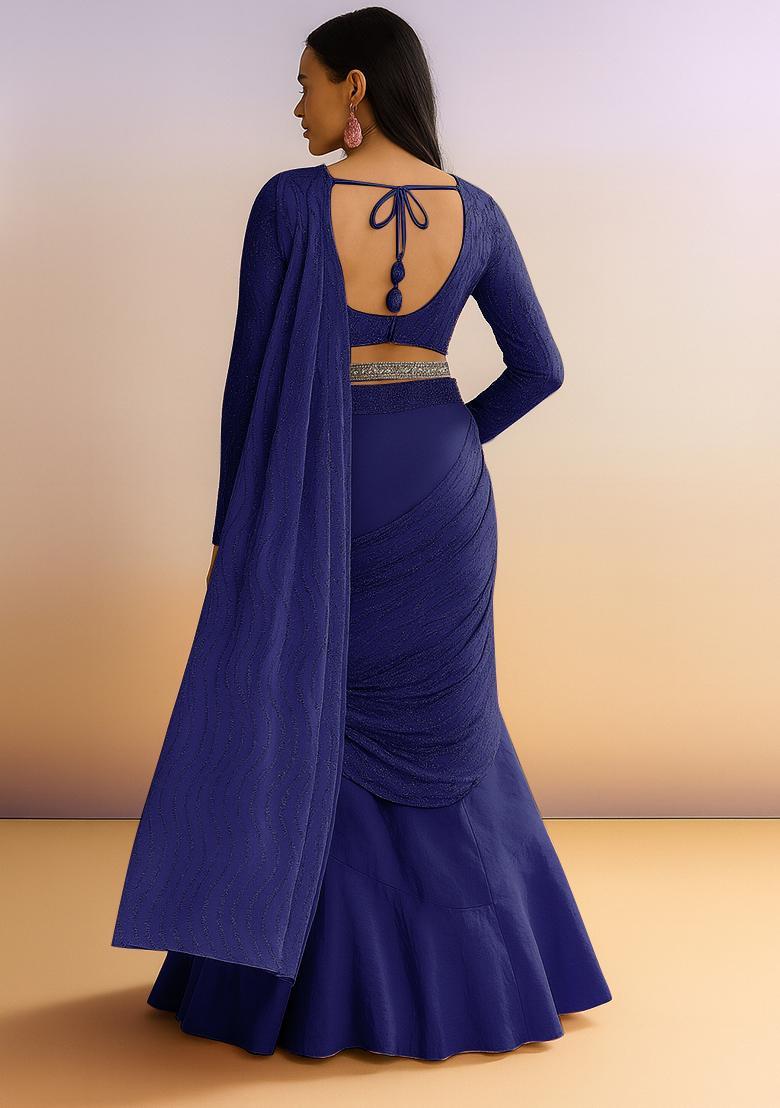 Navy Blue Embellished Net Pre Draped Saree Set - Indya