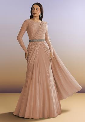 Peach Embellished Net Pre Draped Saree Set
