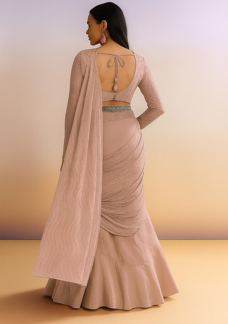 Peach Embellished Net Pre Draped Saree Set - Indya