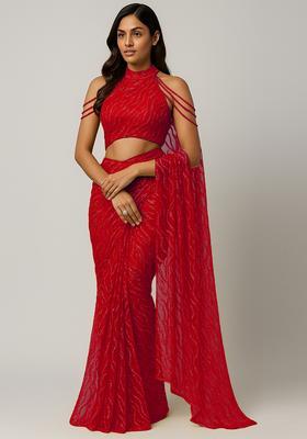 Red Sequin Embellished Net Saree set