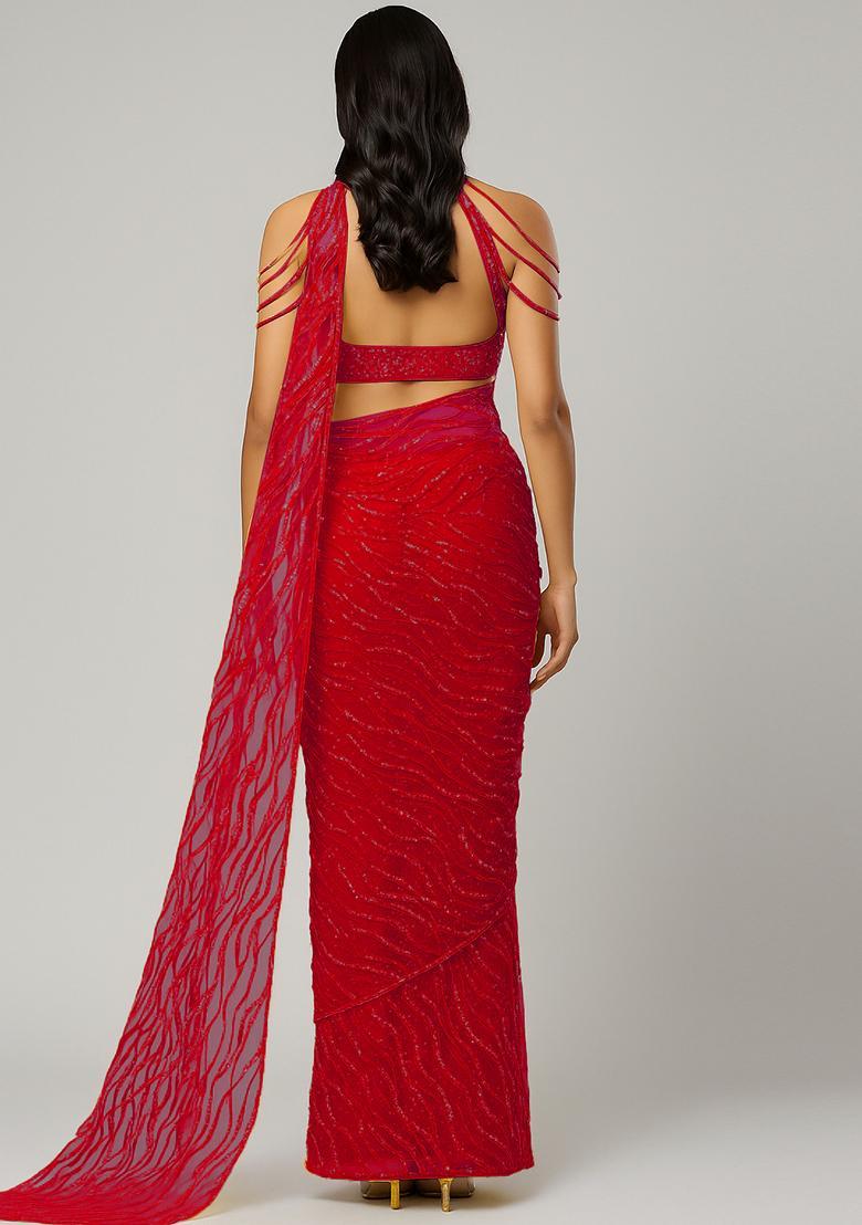 Red Sequin Embellished Net Saree set - Indya