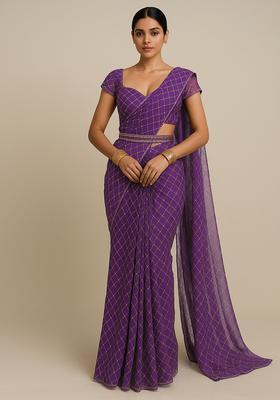 Purple Embroidered Organza Pre Draped Saree Set