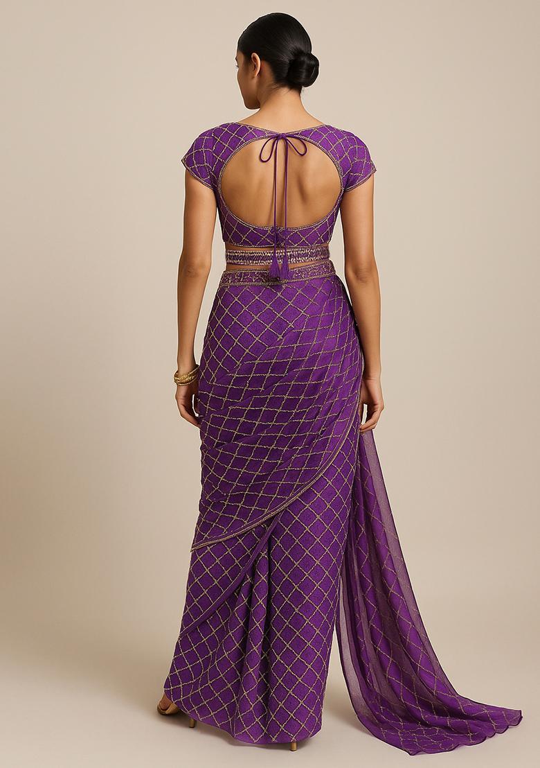 Purple Embroidered Organza Pre Draped Saree Set - Indya