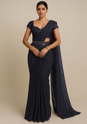 Black Embroidered Organza Pre Draped Saree Set