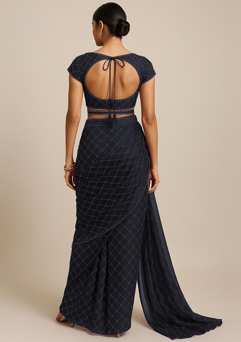Black Embroidered Organza Pre Draped Saree Set - Indya