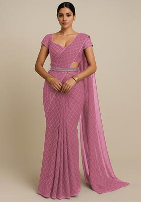 Gajri Pink Embroidered Organza Pre Draped Saree Set