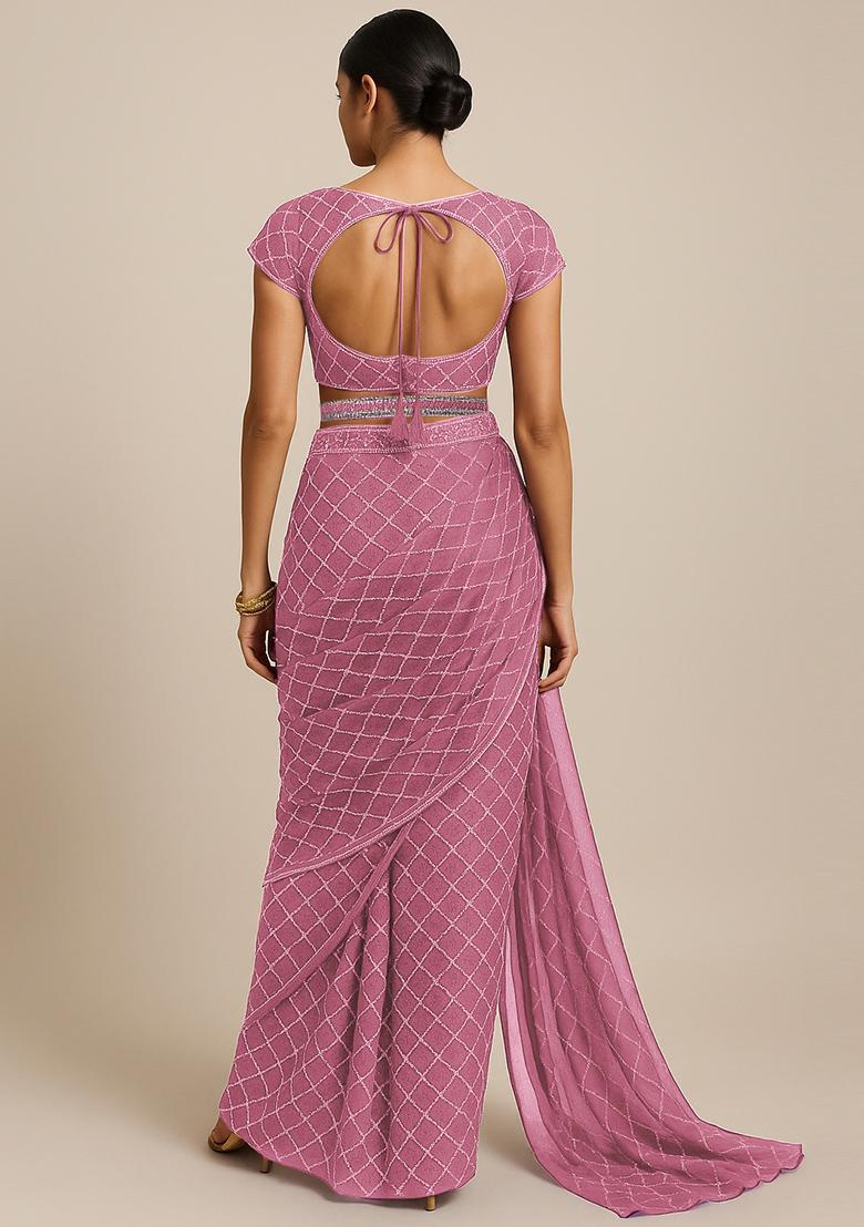 Gajri Pink Embroidered Organza Pre Draped Saree Set - Indya