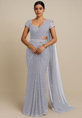 White Embroidered Organza Pre Draped Saree Set