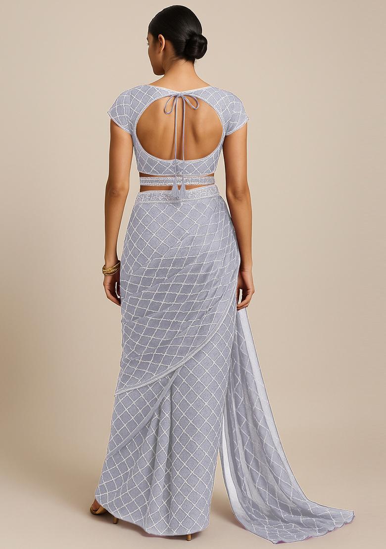 White Embroidered Organza Pre Draped Saree Set - Indya