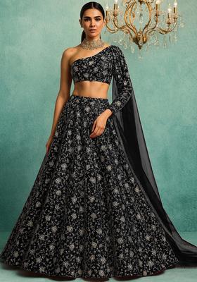 Black Embroidered Organza Lehenga Set With Dupatta