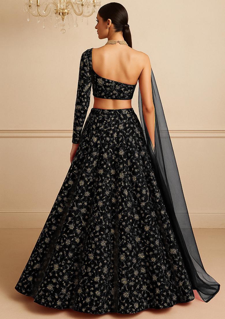 Black Embroidered Organza Lehenga Set With Dupatta - Indya