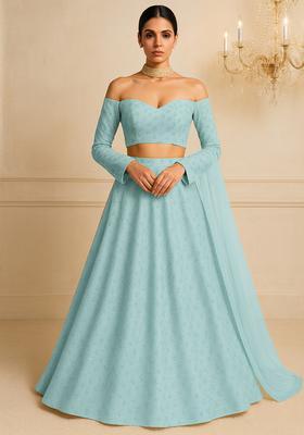 Blue Floral Printed Organza Lehenga Set With Dupatta