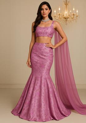 Dark Mauve Floral Print Zari Embroidered Tissue Lehenga Set With Dupatta