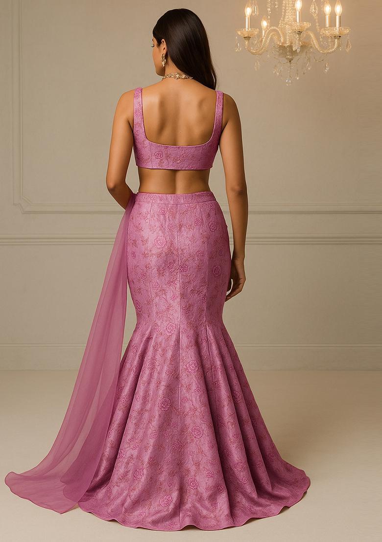 Dark Mauve Floral Print Zari Embroidered Tissue Lehenga Set With Dupatta - Indya