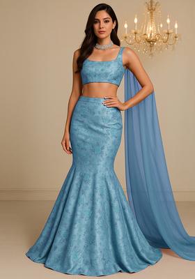 Light Blue Floral Print Zari Embroidered Viscose Zari Tissue Lehenga Set With Dupatta