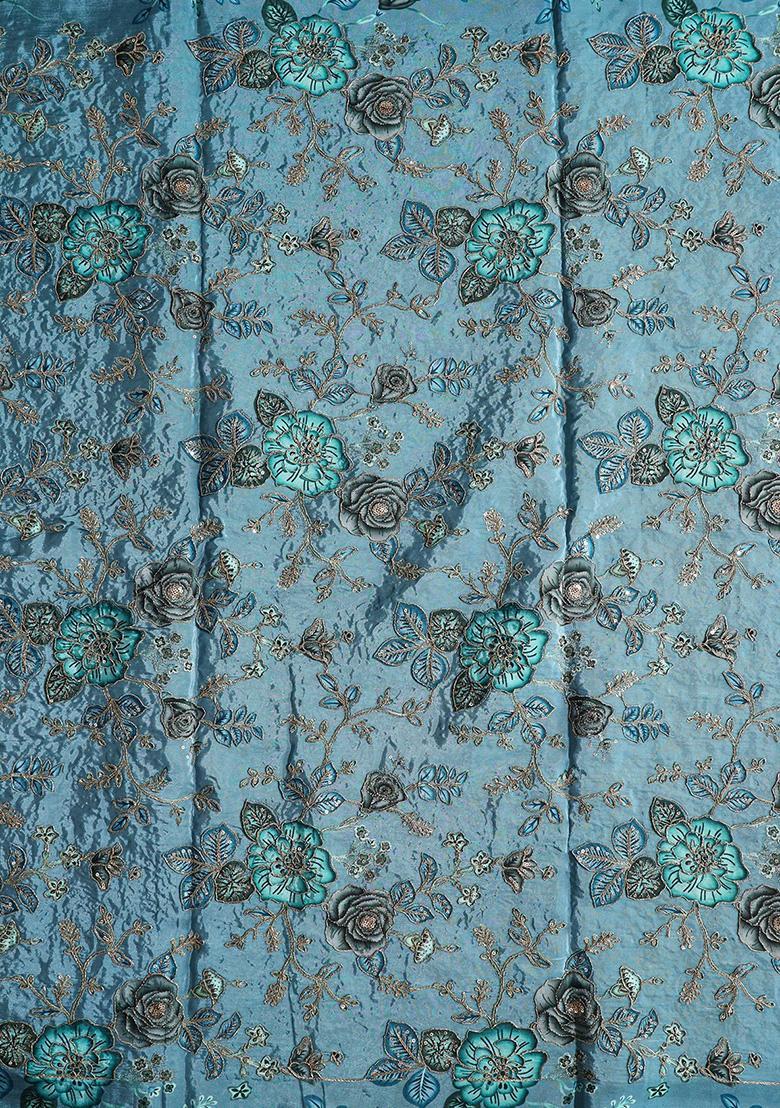 Light Blue Floral Print Zari Embroidered Viscose Zari Tissue Lehenga Set With Dupatta - Indya