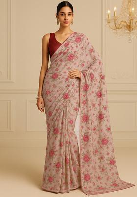 Pink Embroidered Work Georgette Pre Draped Saree Set