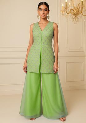 Parrot Green Embroidered Work Georgette Sharara Set