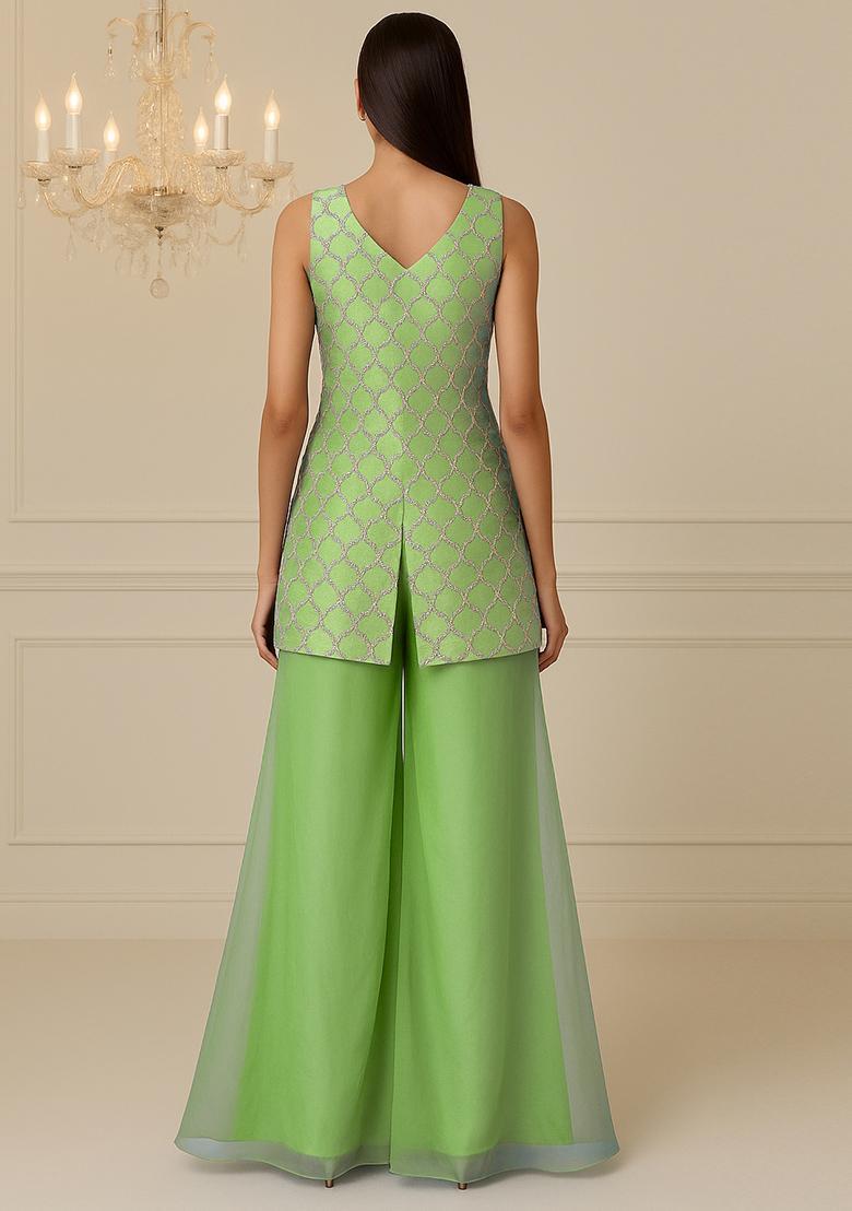 Parrot Green Embroidered Work Georgette Sharara Set - Indya