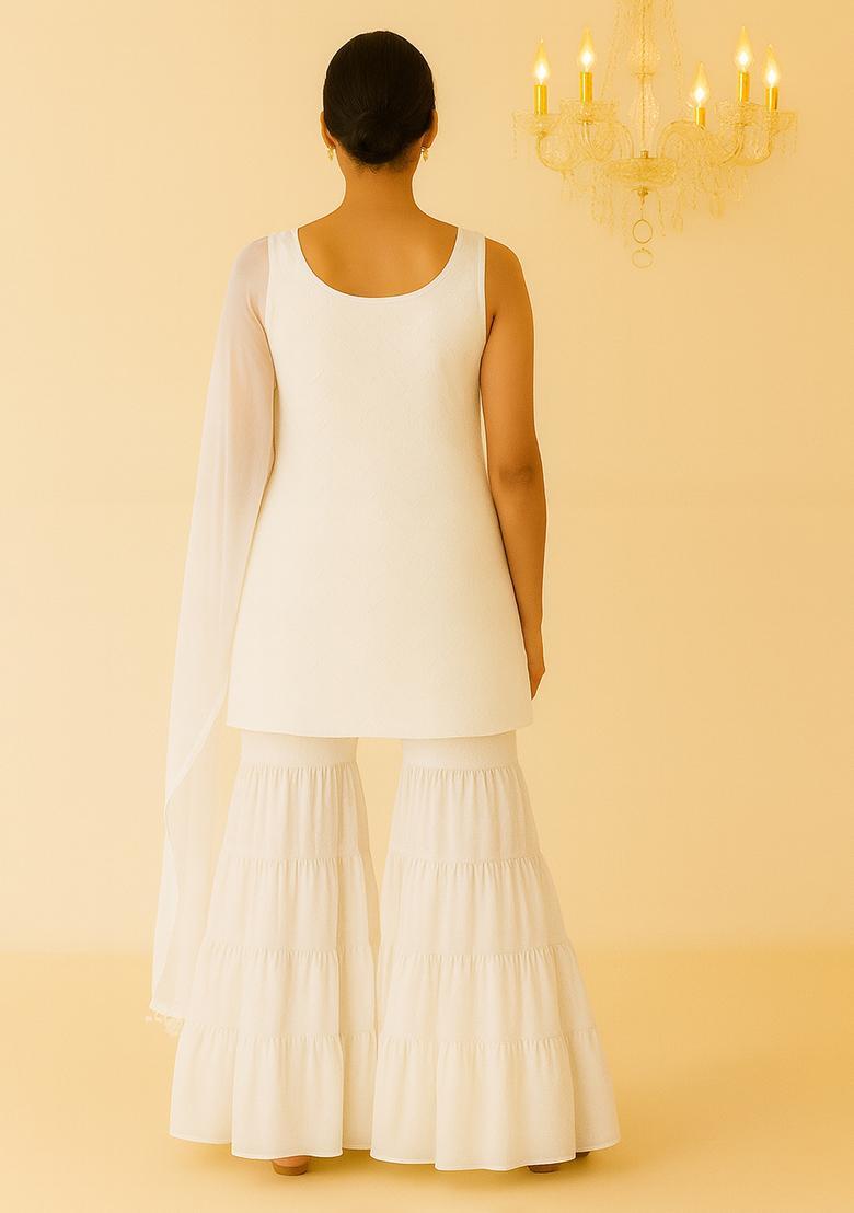 White Embroidered Net Sharara Set - Indya