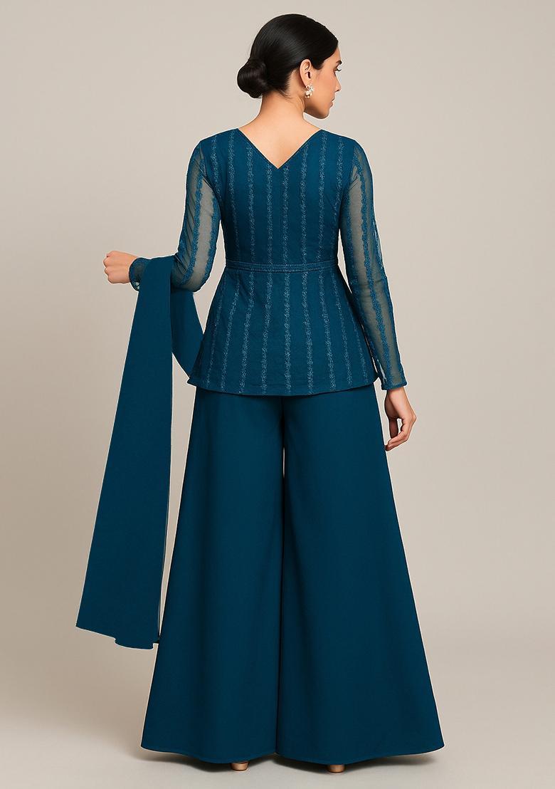 Rama Green Embroidered Net Sharara Set - Indya