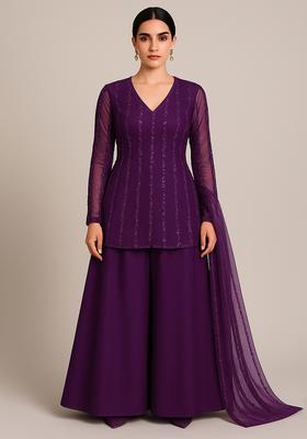 Purple Embroidered Net Sharara Set