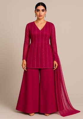 Cherry Red Embroidered Net Sharara Set