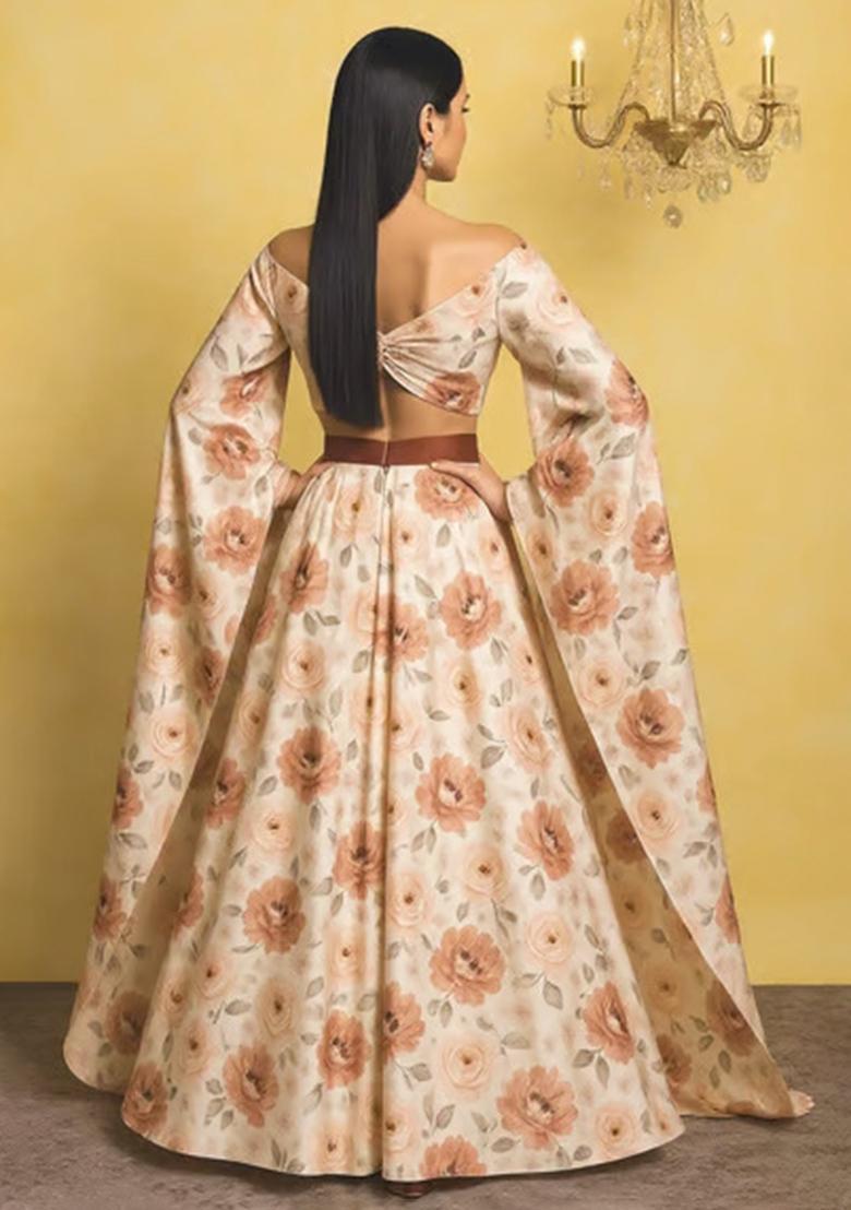 Cream Printed Satin Lehenga Set - Indya