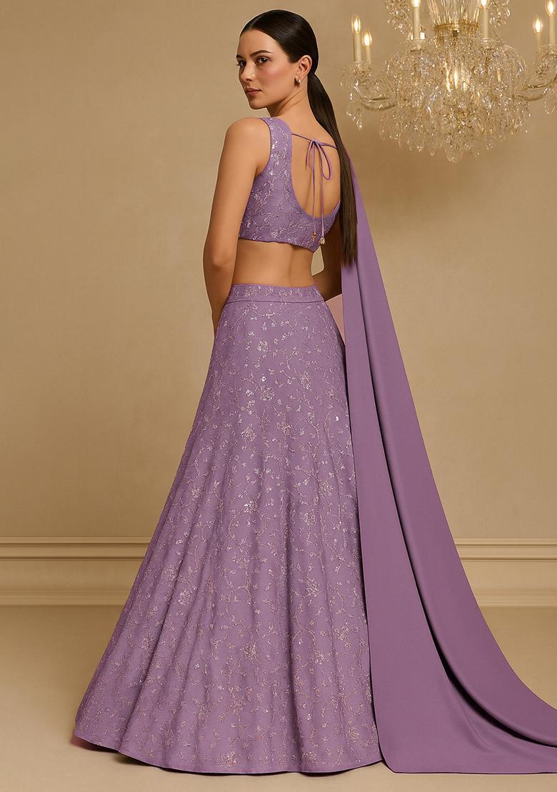 Purple Embroidered Georgette Lehenga Set - Indya