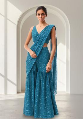 Teal Embroidered Georgette Fusion Set