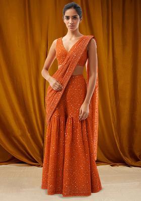 Orange Embroidered Georgette Fusion Set