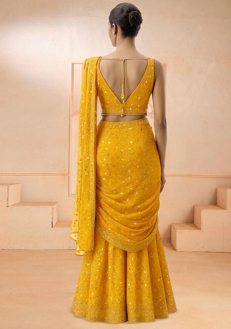Yellow Embroidered Georgette Fusion Set - Indya