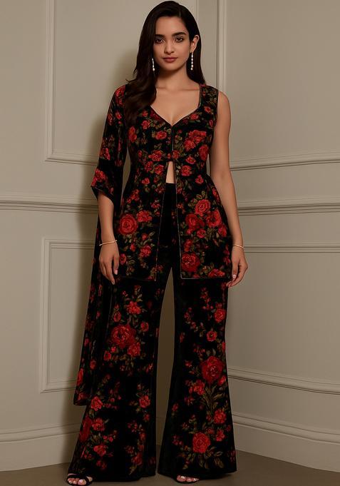 Black Floral Print Georgette Co Ord Set
