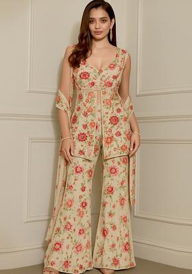 White Floral Print Georgette Co Ord Set