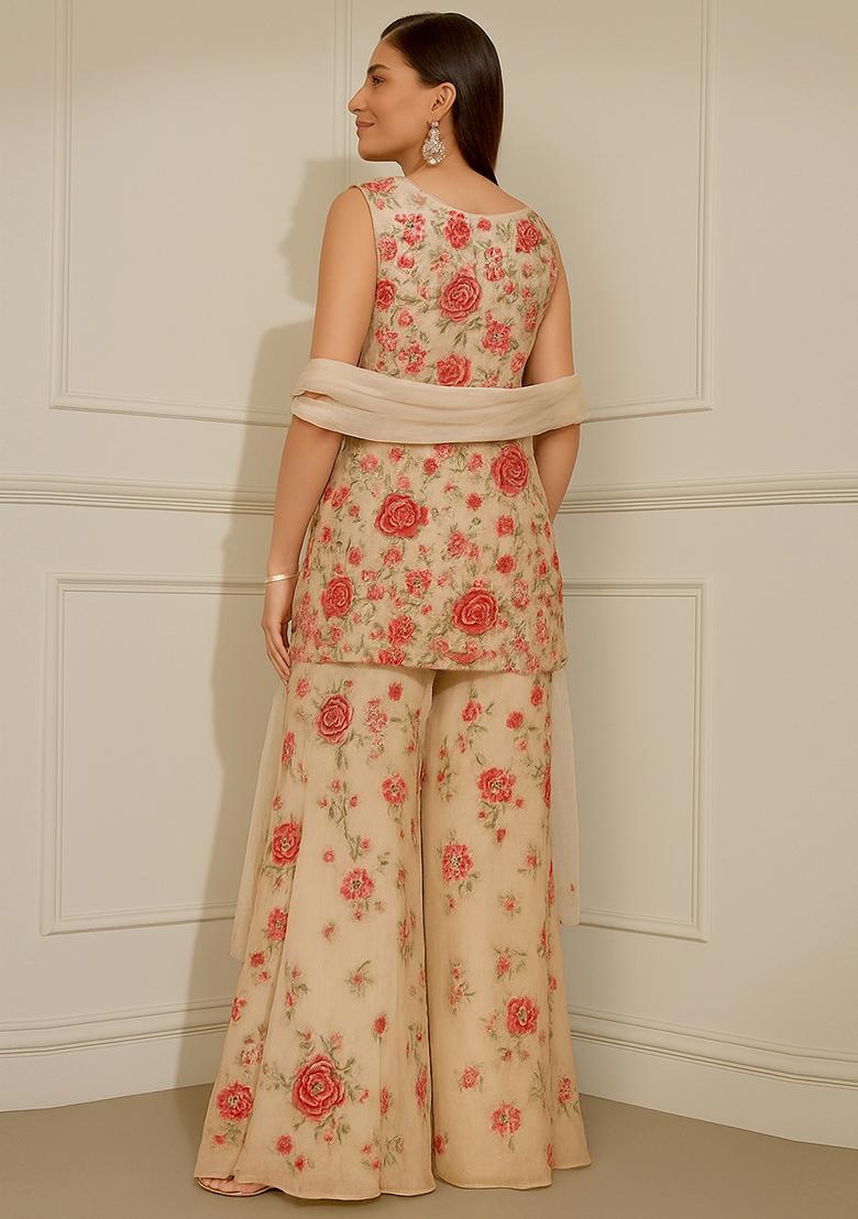 White Floral Print Georgette Co Ord Set - Indya