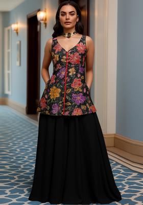 Black Floral Print Crepe Sharara Set