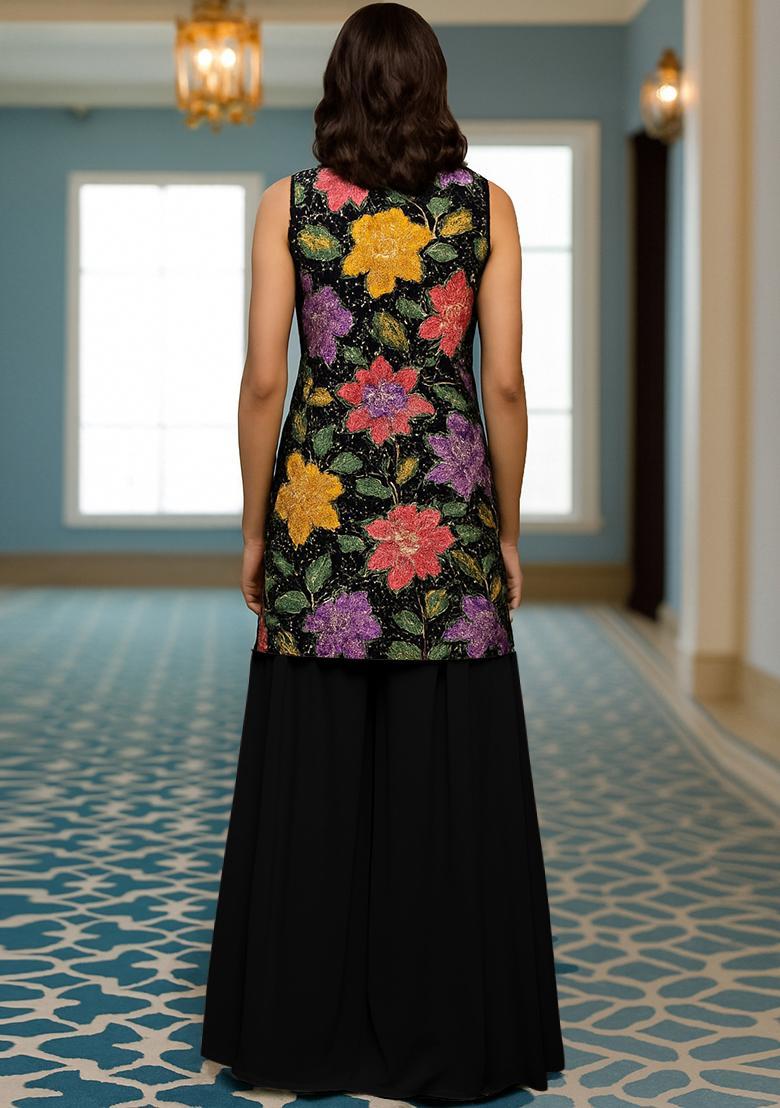 Black Floral Print Crepe Sharara Set - Indya