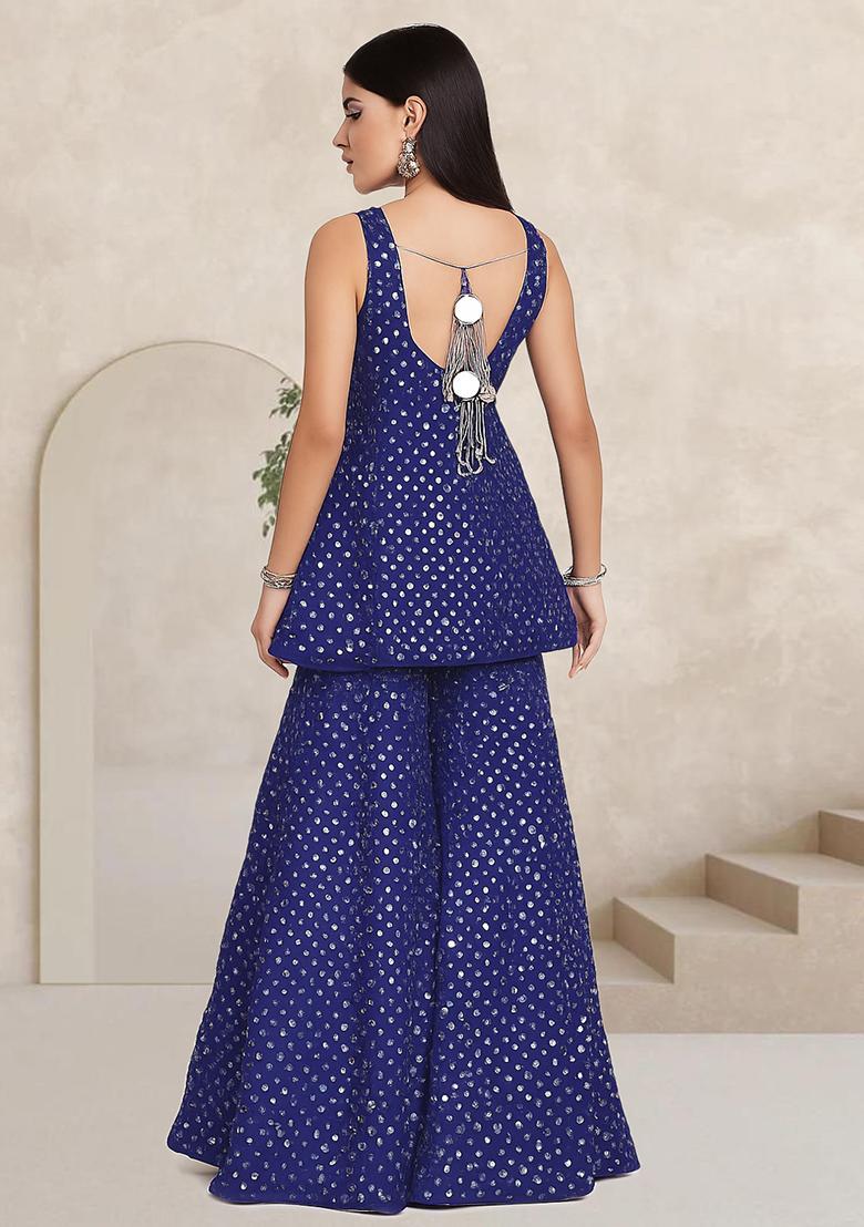 Blue Purple Sequin Work Georgette Sharara Set - Indya