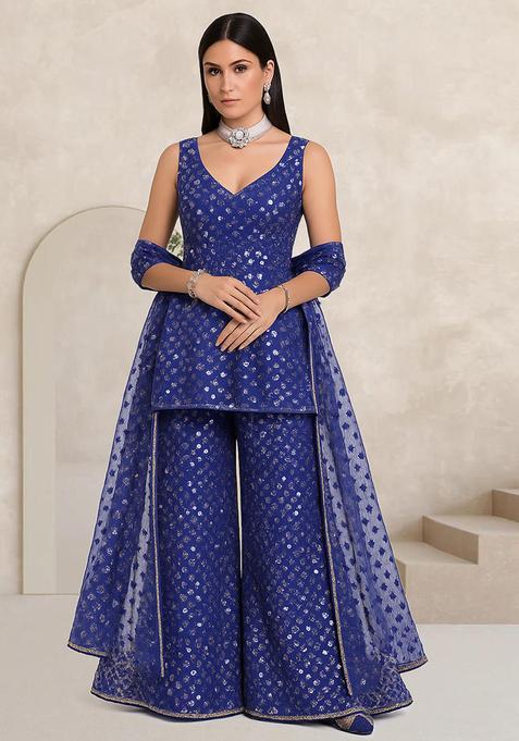 Blue Purple Sequin Work Georgette Sharara Set